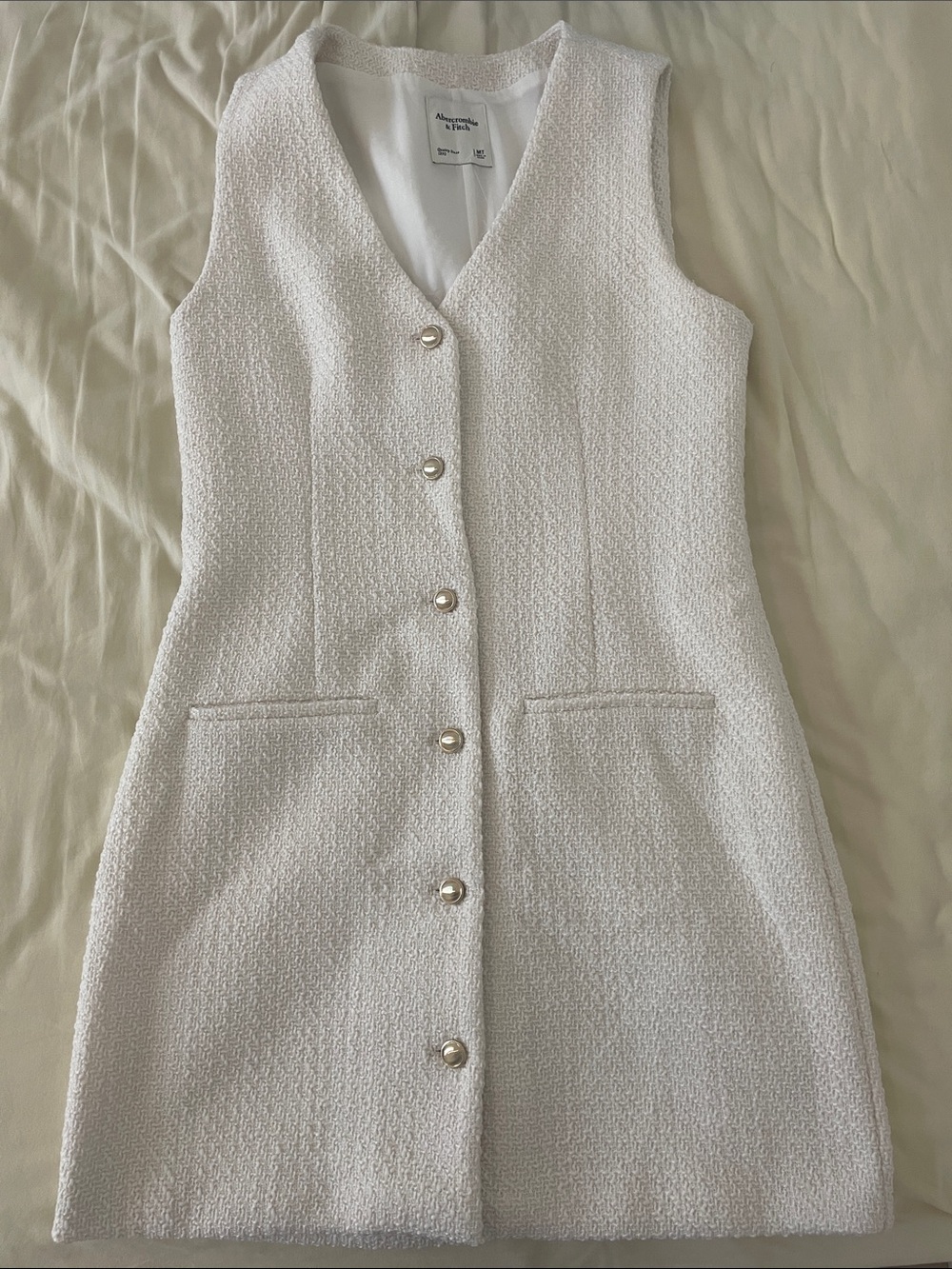Abercrombie & Fit h Cream Tweed Sleeveless V-Neck Button Dress